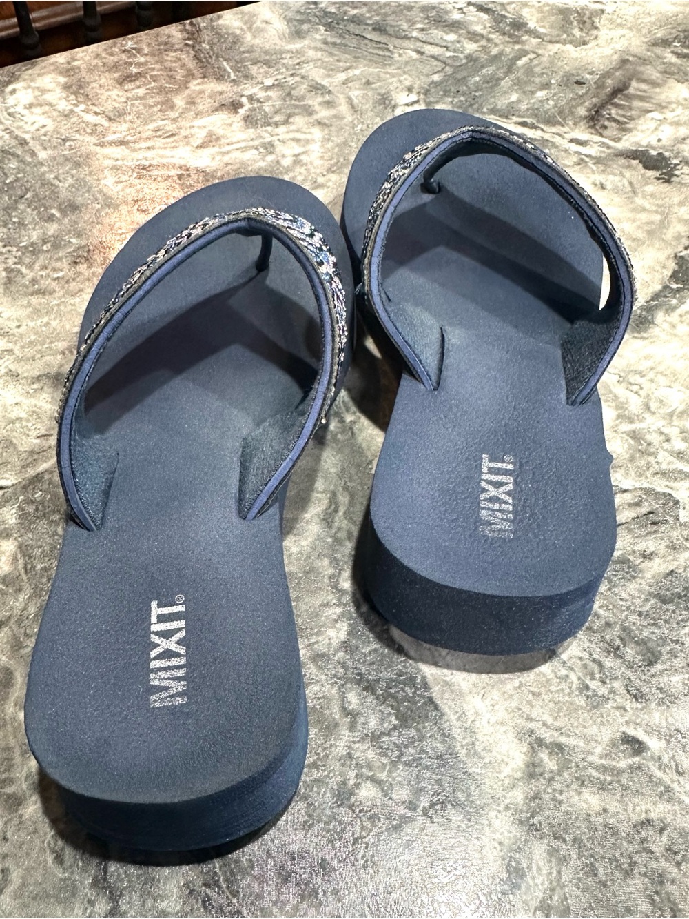 Mixit Navy Beaded Thong Sandals with Multicolor Crystal Accents - Picture 2 of 5